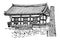 Drawing of a traditional Korean house on a white background