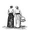 Drawing of two girls in old-fashion retro dress walking away, Women in vintage costumes and straw hats one is carrying basket