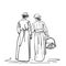 Drawing of two girls in old-fashion retro dress walking away, Women in vintage costumes and straw hats one is carrying basket