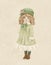 drawing of a vintage doll in a green dress, retro postcard