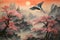 drawing wallpaper of a landscape of birds crane in the middle of the forest in Japanese vintage style