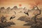 drawing wallpaper of a landscape of birds crane in the middle of the forest in Japanese vintage style