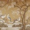 drawing wallpaper of a landscape of birds crane in the middle of the forest in Japanese vintage style