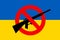 Drawing of weapon, machine gun with no symbol indicating Say No to Ukraine War with Ukrainian flag of blue & yellow in background