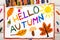 Drawing: Words HELLO AUTUMN mushrooms, acorn, yellow and orange leaves