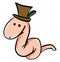 Drawing of a worm in a brown hat, vector or color illustration