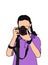 A drawing of young lady holding the digital dslr camera to take photo, art work.