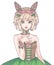 Drawing of young women or girl with blond hair wearing an elegant spring ball dress and rose headband with bunny ears