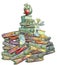 Drawn beautiful dragon with fairies sitting on the stack of old books