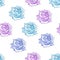 Drawn biue roses seamless background. Flowers illustration front view. Pattern in romantic style for design of fabrics