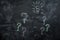 Drawn on black chalkboard question marks and light bulb