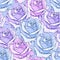 Drawn blue roses seamless background. Flowers illustration front view. Pattern in romantic style for design of fabrics