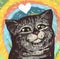 Drawn bright cute cheerful poster with smiling gray tabby cat and heart