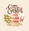 Drawn design of Eastern greeting card with Happy Easter inscription. Square-shaped postcard with painted eggs with