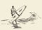 Drawn man sitting beach surfboard vector sketch