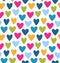 Drawn multicolor heart silhouettes on white background. Saint Valentine`s Day. Symbol of love on decorative seamless pattern