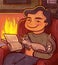 Drawn quiet cozy cartoon illustration. a man reading a book near the fireplace with a cat in his arms