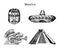 Drawn set of famous Mexican attractions. Vector illustrations of Olmec and Aztec sights. Latin American tourist symbols.