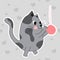 Drawn spotted gray cat playing with clew, sticker in doodle or cartoon style