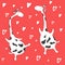Drawn vector characters Giraffes. Red Background with hearts