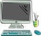 Drawn vector monitor with keyboard and mouse. Computer hardware in color