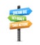 dream big, set, goals, take action destination sign