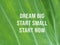 Dream big. Start small. Start now. Business action concept and sign with inspirational motivational quote on green leaf background