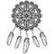 Dream catcher graphic in black and white decorated with feathers and beads giving its owner good dreams in mandala style