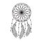 Dream catcher graphic in black and white decorated with feathers and beads giving its owner good dreams in mandala style. Vector