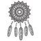 Dream catcher graphic in black and white mandala style decorated with feather, beads and ornaments giving its owner good dreams in