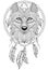 Dream catcher with wolf. Tattoo or adult antistress coloring page. Black and white hand drawn doodle for coloring book