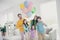 Dream comfort cozy harmony people family hold air baloons enjoy festive event three little preteen kids schoolboy show
