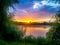 Dream fantasy landscape view of danube delta and blue colored dramatic sky at sunset