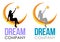 Dream Logo Design. Vector Template sleep sign. Girl sitting on the moon and reaching up for star.  Night icon Design Template