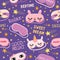 Dream mask seamless pattern. Cute pajama print with masks with girl eyes, unicorn, bunny, stars and sweet dreams quotes
