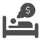 Dream about money solid icon. Man sleeping in bed, bulb with dollar symbol, glyph style pictogram on white background