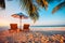 Dream scene. Beautiful beach sunset, palm tree over white sand beach. Summer nature view.