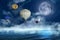 Dream world. Hot air balloons in night sky with full moon