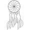 Dreamcatcher coloring book page, contour feathers and aerial plexus on a round frame