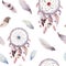 Dreamcatcher and feather pattern. Watercolor bohemian decoration
