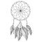 Dreamcatcher outline coloring page with traditional decoration with feathers and intertwined mandala