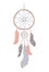 dreamcatcher vector illustration. The catcher is mystical, in delicate tones of macrame with feathers. Isolated on white