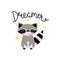 Dreamer. Cartoon raccoon with hand drawing lettering, stars, decor elements. Colorful flat vector illustration for kids. calligrap