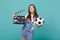 Dreamful girl football fan support favorite team with soccer ball classic black film making clapperboard isolated on