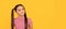 Dreamful school age girl child with pensive look fantasize about something yellow background, dreamer. Child face
