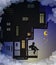 Dreaming boy is sitting on the balcony above the clouds, fairy characters, house of kids night fantasy, life on heavens