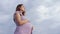 Dreaming pregnant woman in field on background of beautiful clouds