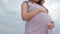 Dreaming pregnant woman in field on background of beautiful clouds