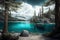 Dreamlike Coastline with Turquoise Water and Coniferous Trees, Made with Generative AI