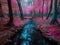 Dreamlike forest glade with neon pink and blue hues